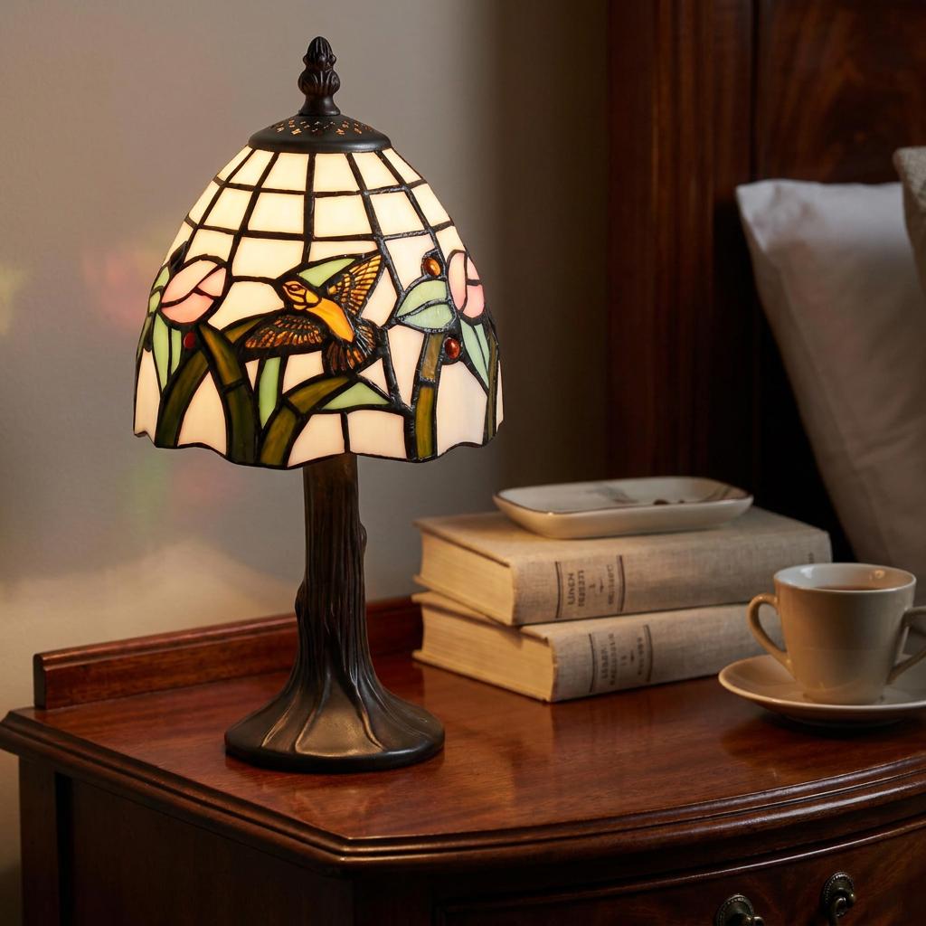 Mini Tiffany table lamp with hummingbird stained glass shade on a wooden bedside table next to books and tea.