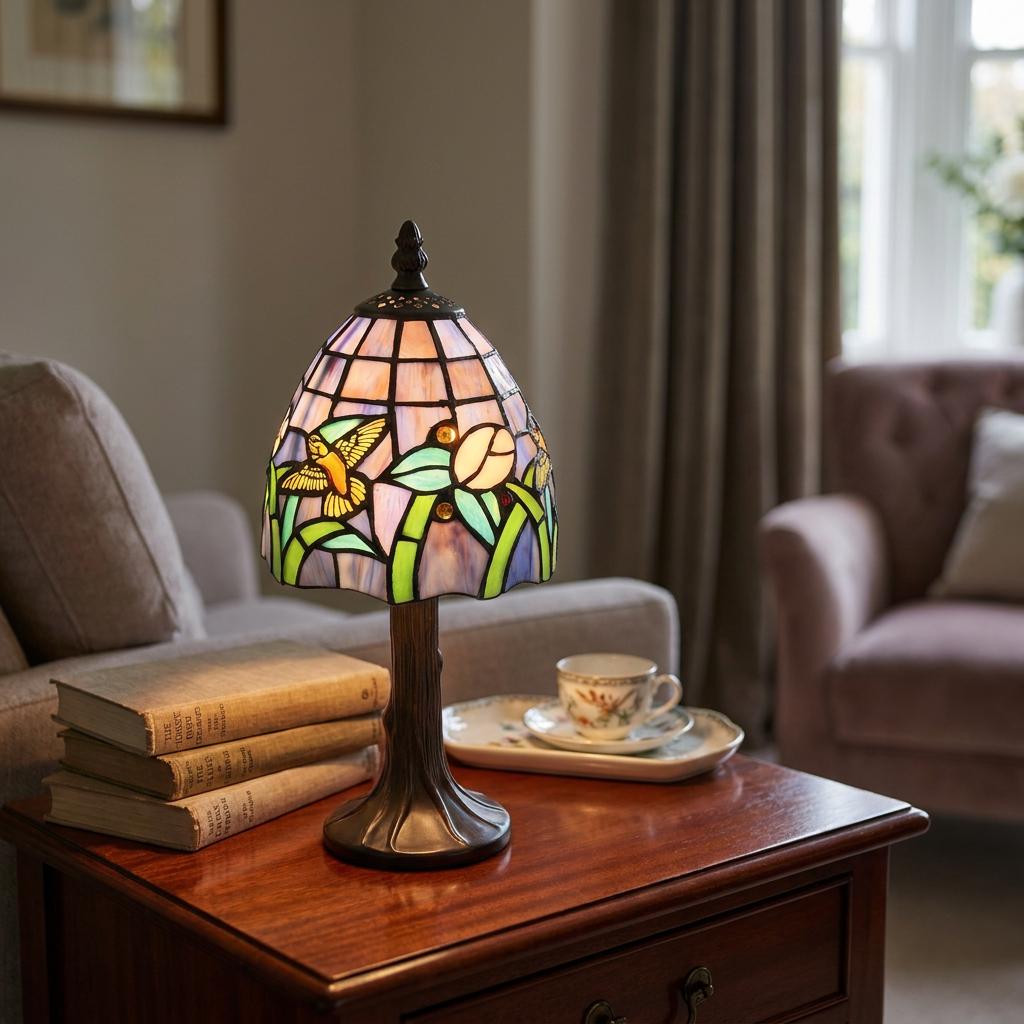 A lit Mini Tiffany table lamp with a hummingbird and floral glass shade on a wooden side table next to vintage books.