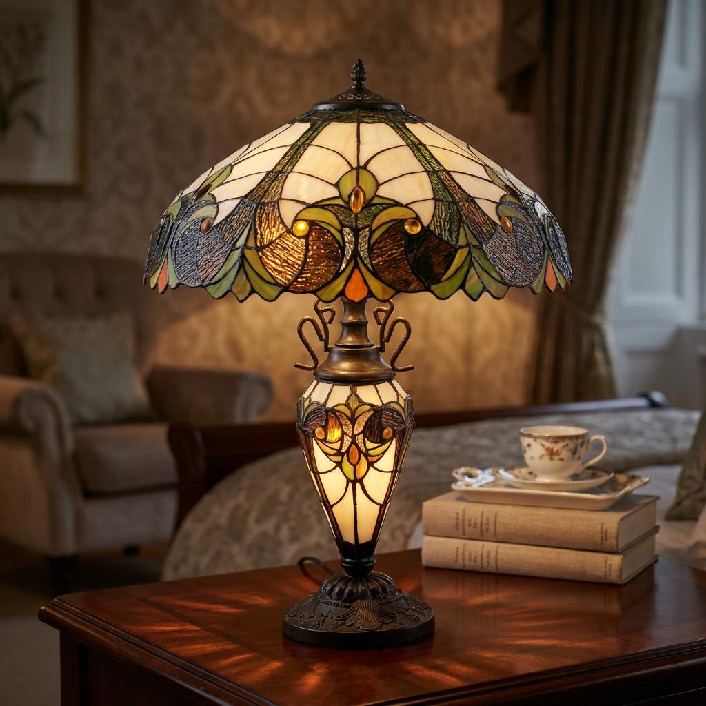 Minster Spencer Tiffany table lamp with glowing stained glass floral patterns on a bedside table with books and tea.