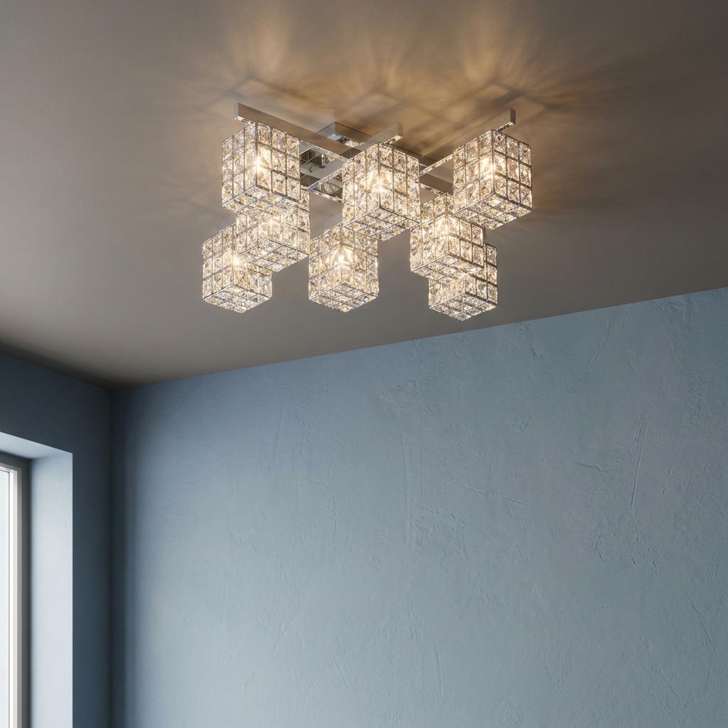 Mizar 8 light chrome flush ceiling light with crystal cube shades mounted above a blue textured wall.