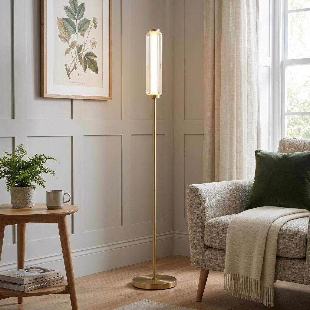Satin brass floor lamp with a fluted glass shade in a cozy living room corner beside a grey armchair.