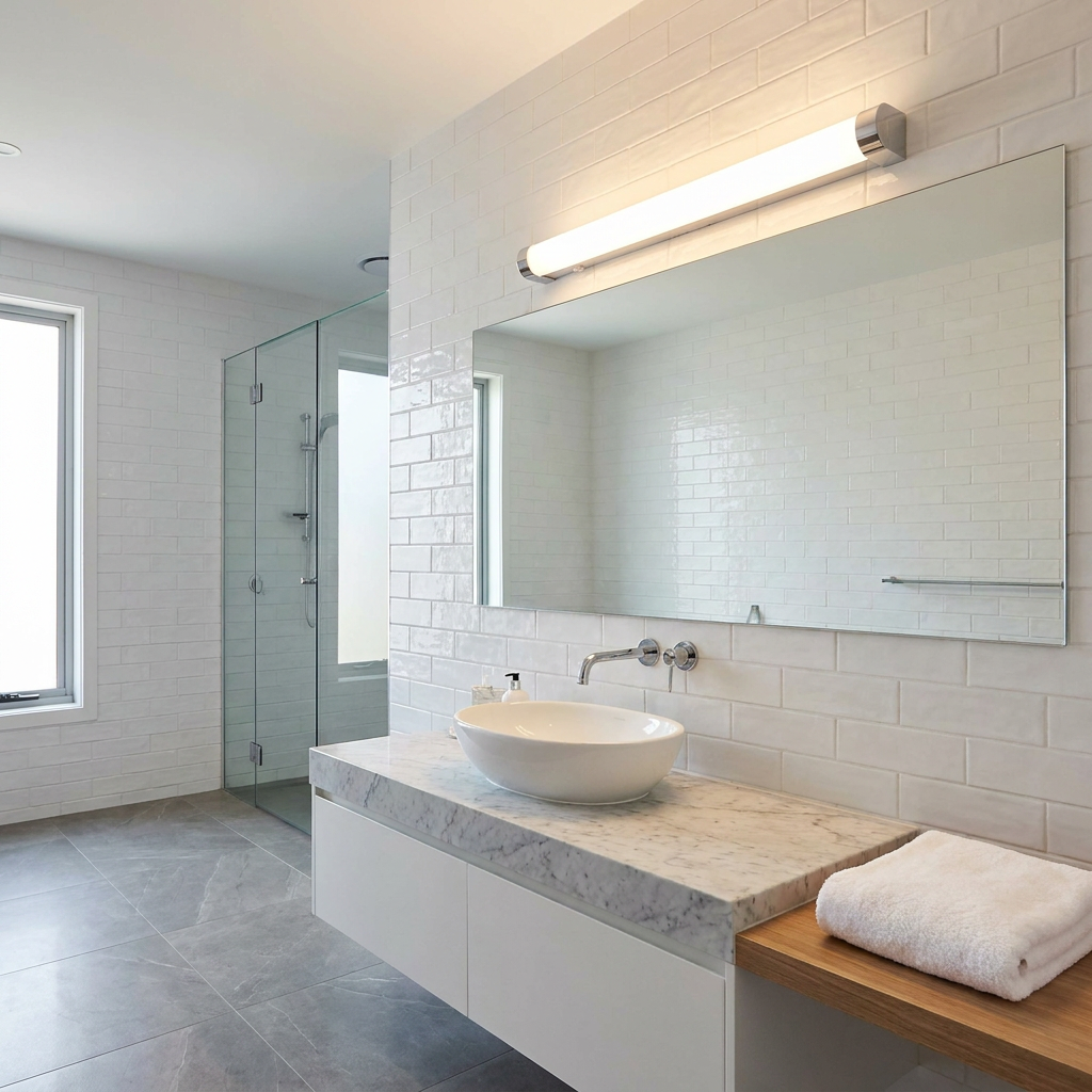 Modern Moda white LED tube light mounted above a vanity mirror in a bright bathroom with white subway tiles.