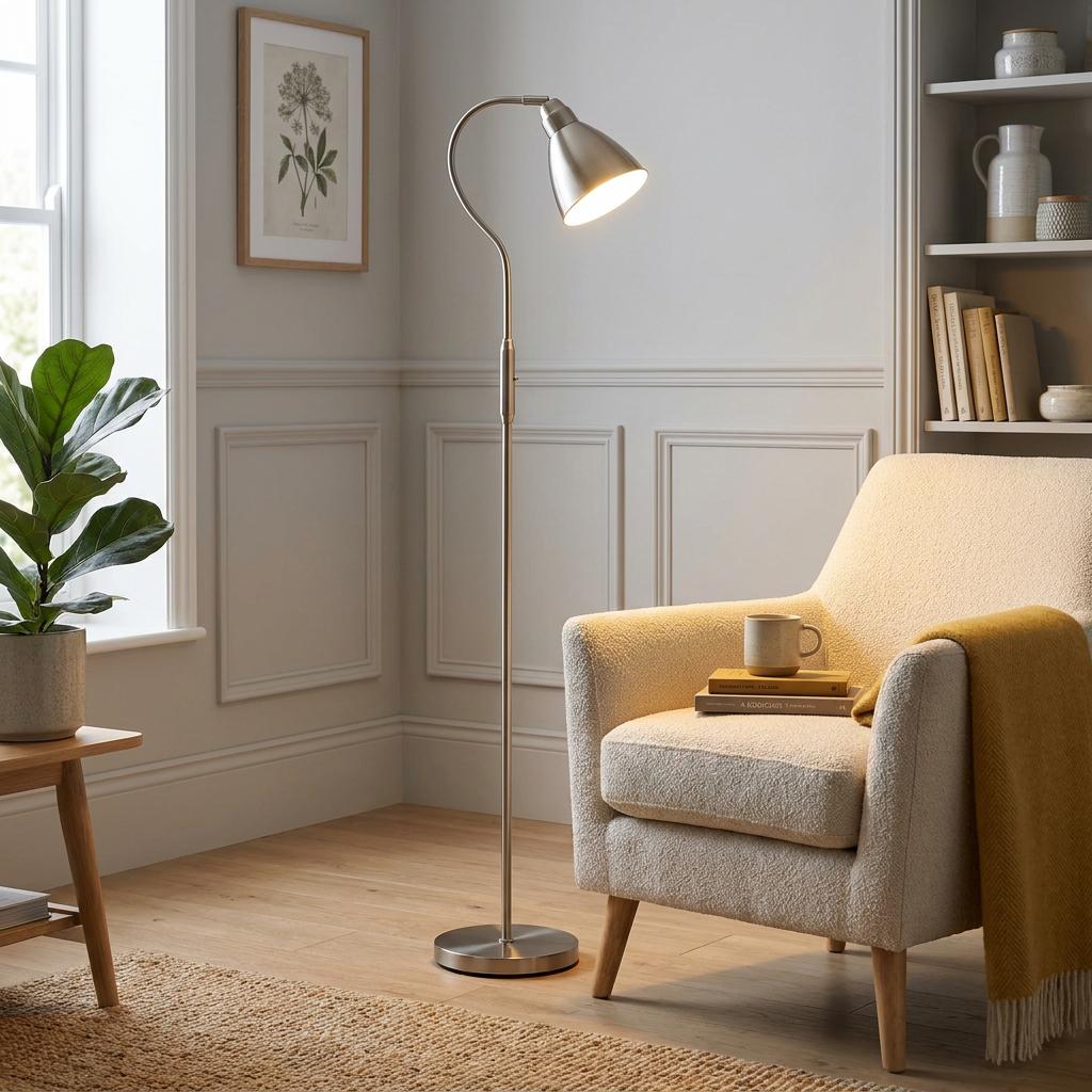 Satin nickel floor lamp with a curved neck and cone shade in a cozy living room with a white armchair.