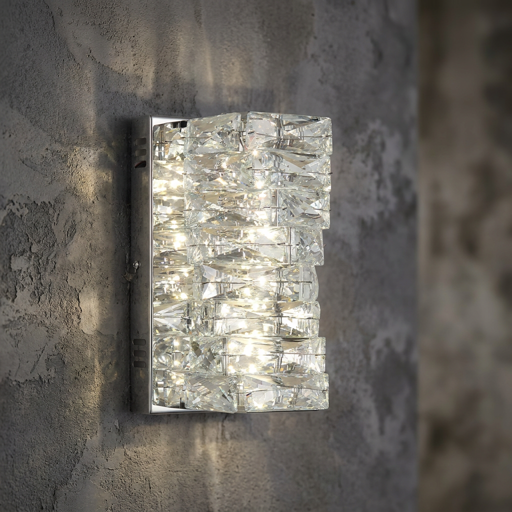 Rectangular wall light with stacked clear crystal prisms on a chrome base, illuminated against a textured gray wall.
