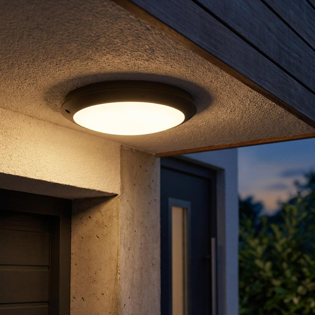 Modern circular black outdoor bulkhead light glowing warmly under a concrete ceiling near a house entrance.