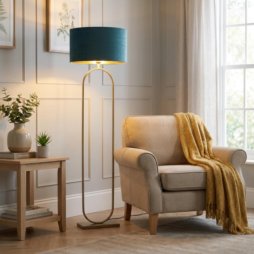 A bronze floor lamp with a teal velvet shade stands beside a beige armchair in a well-lit living room.