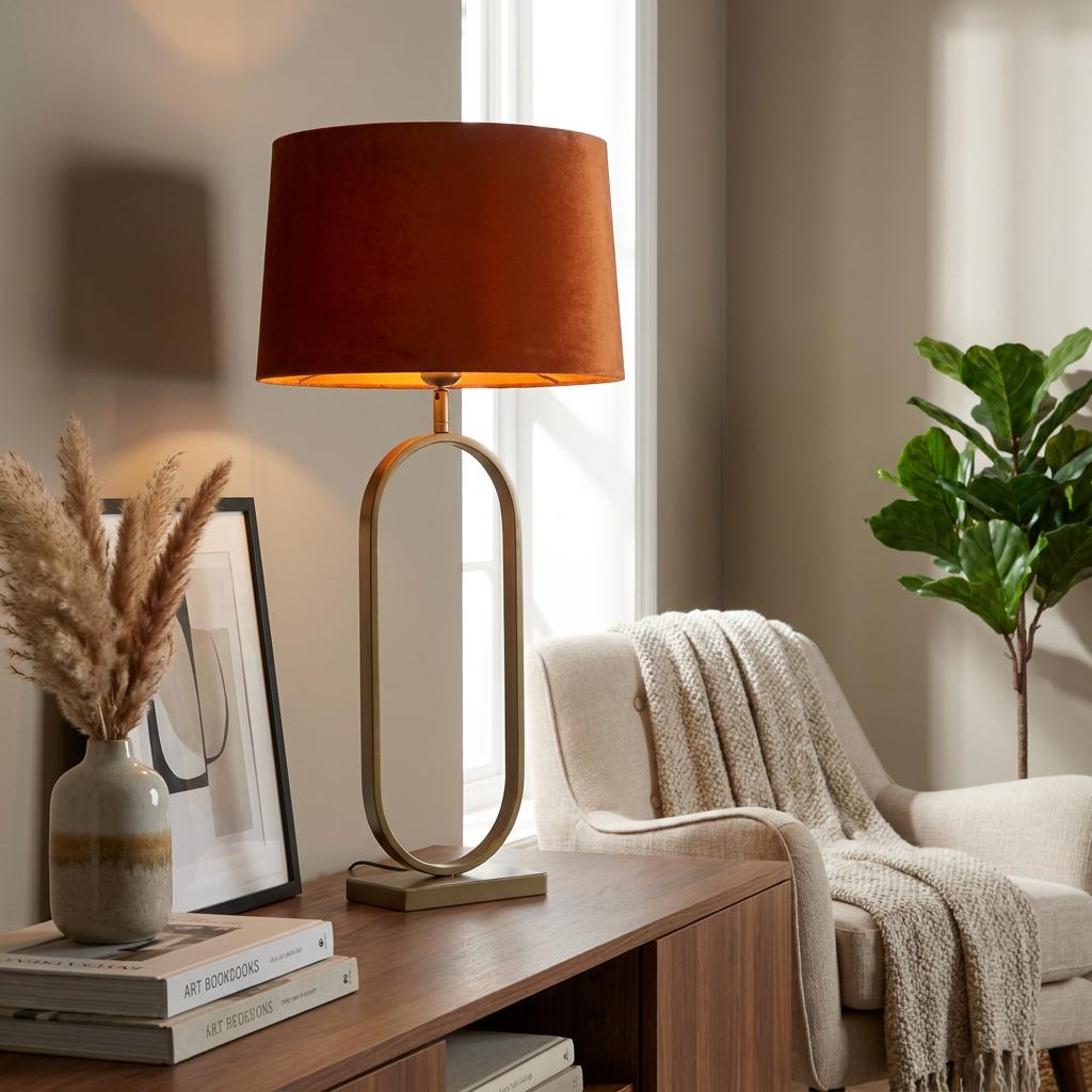 Bronze table lamp with an open oval frame and burnt orange velvet shade resting on a wooden console.