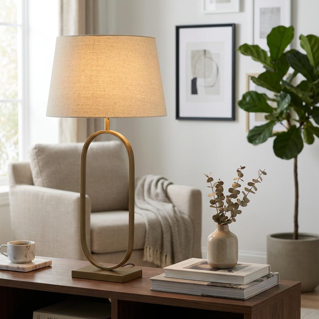 Bronze oval table lamp with a lit natural linen shade on a wooden table in a neutral living room.