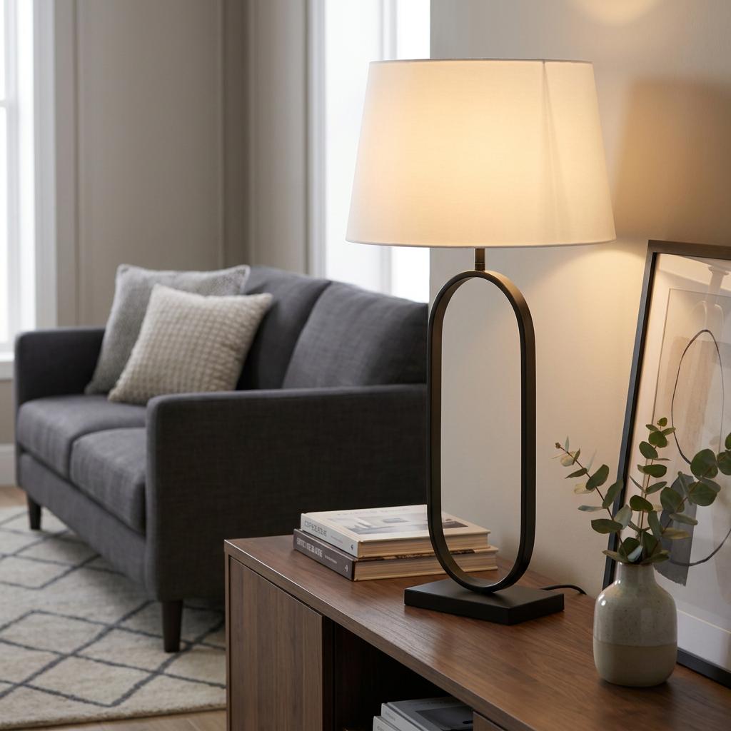 A matte black oval table lamp with a glowing white shade sits on a wooden cabinet in a living room.