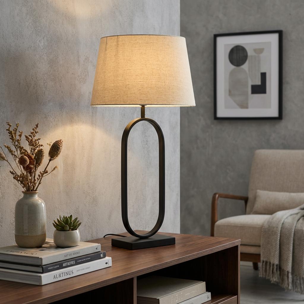 Modish table lamp with a black oval metal base and natural fabric shade on a wooden console table.