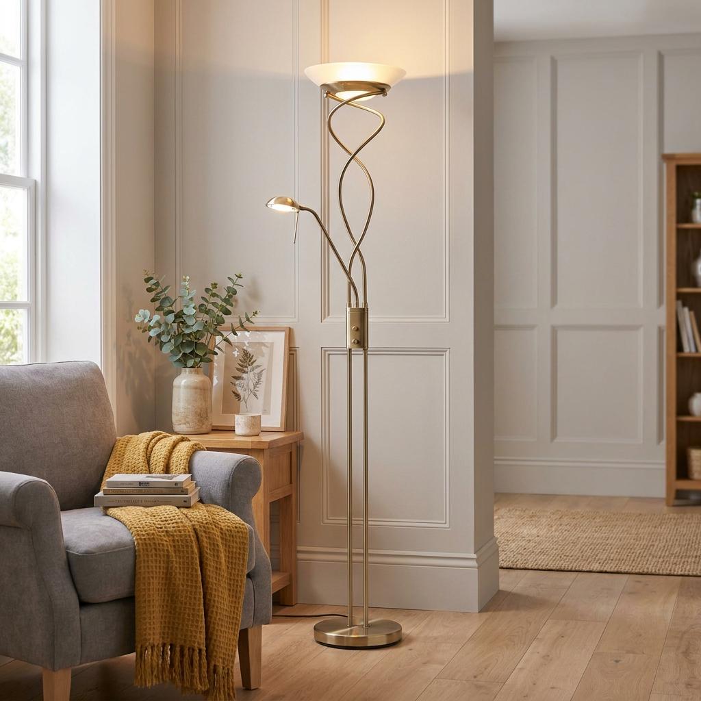 Antique brass mother and child floor lamp with twisted stems in a living room next to a grey armchair.