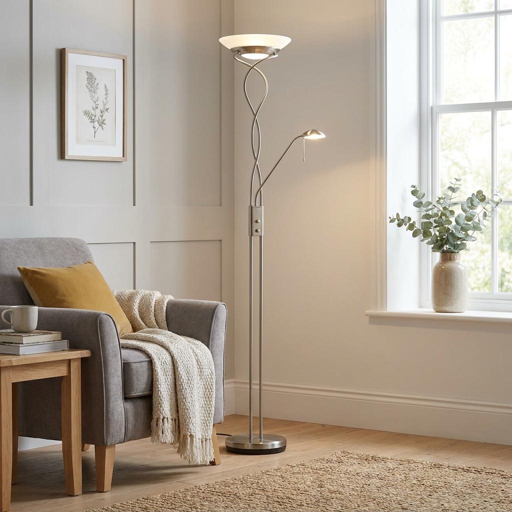 Monaco Satin Chrome Mother & Child Floor Lamp with twisted stems beside a gray armchair in a light living room.