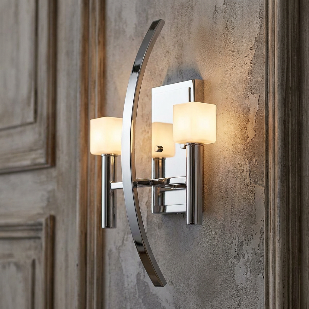Polished nickel wall light with two square opal shades and a curved metal accent on a textured wall.