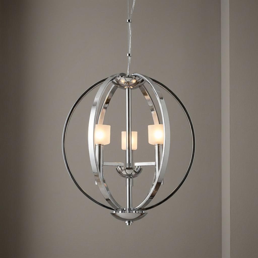 Modern Art Deco 3-light polished nickel chandelier featuring a spherical cage and frosted glass shades.