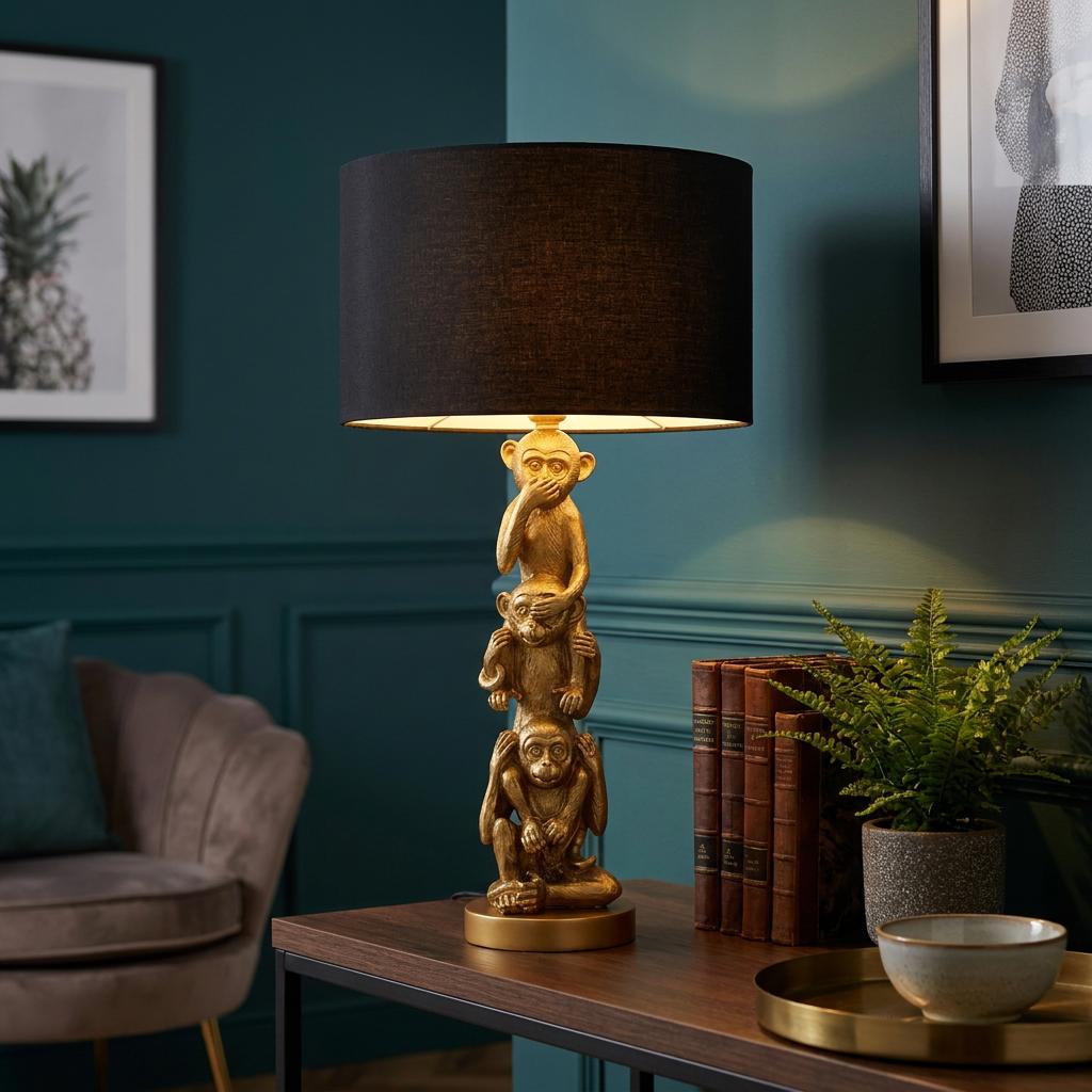 Gold table lamp featuring three wise monkeys as the base with a black fabric drum shade.