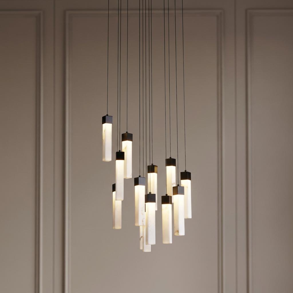 A cluster of glowing rectangular pendant lights suspended at various heights against a neutral paneled wall.
