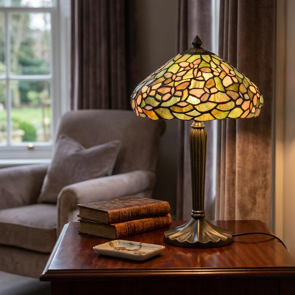 Morcombe Large Tiffany Table Lamp with a floral stained glass shade on a wooden table in a cozy room setting.