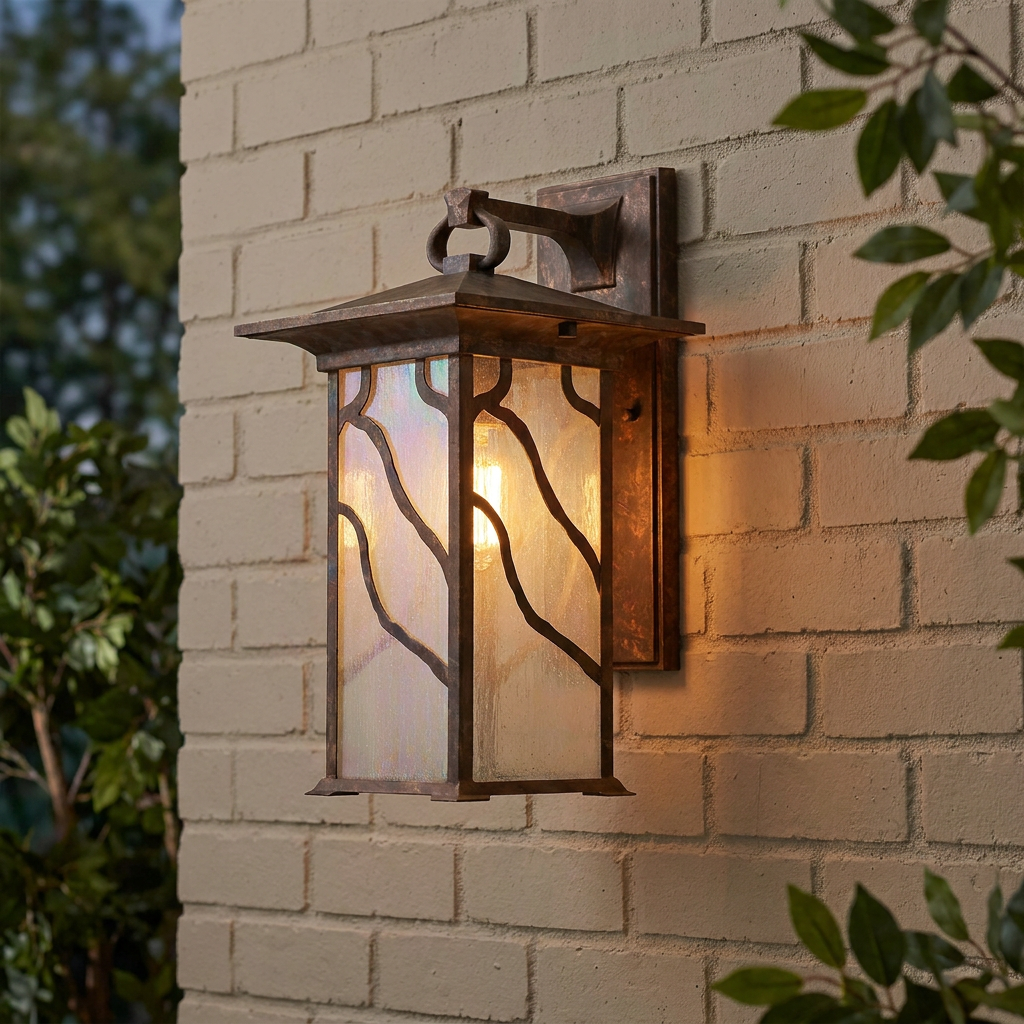 Morris copper outdoor wall lantern with iridescent glass and tree branch metalwork glowing on a brick wall.