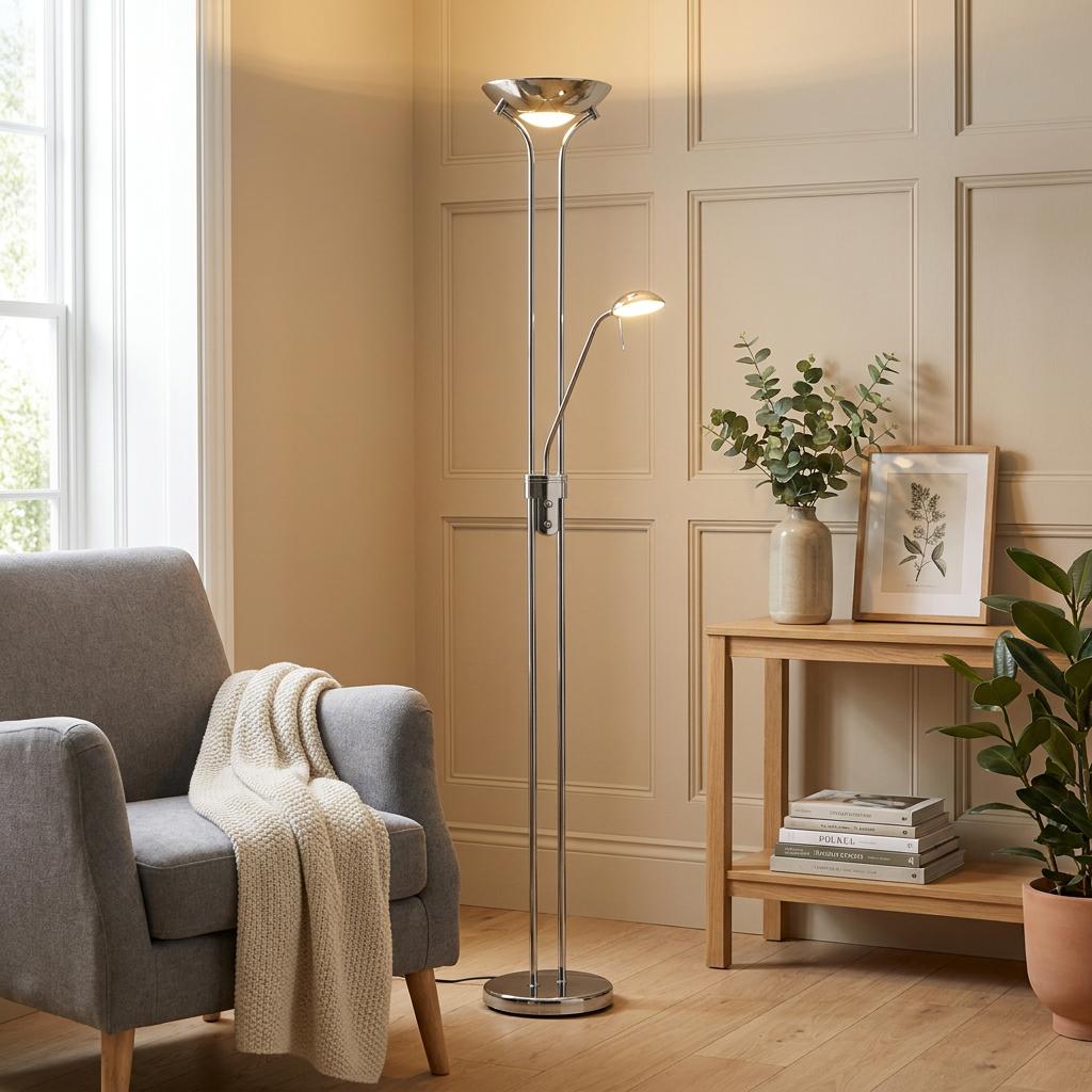 Chrome Mother & Child LED floor lamp illuminating a living room with a grey armchair and wooden console table.