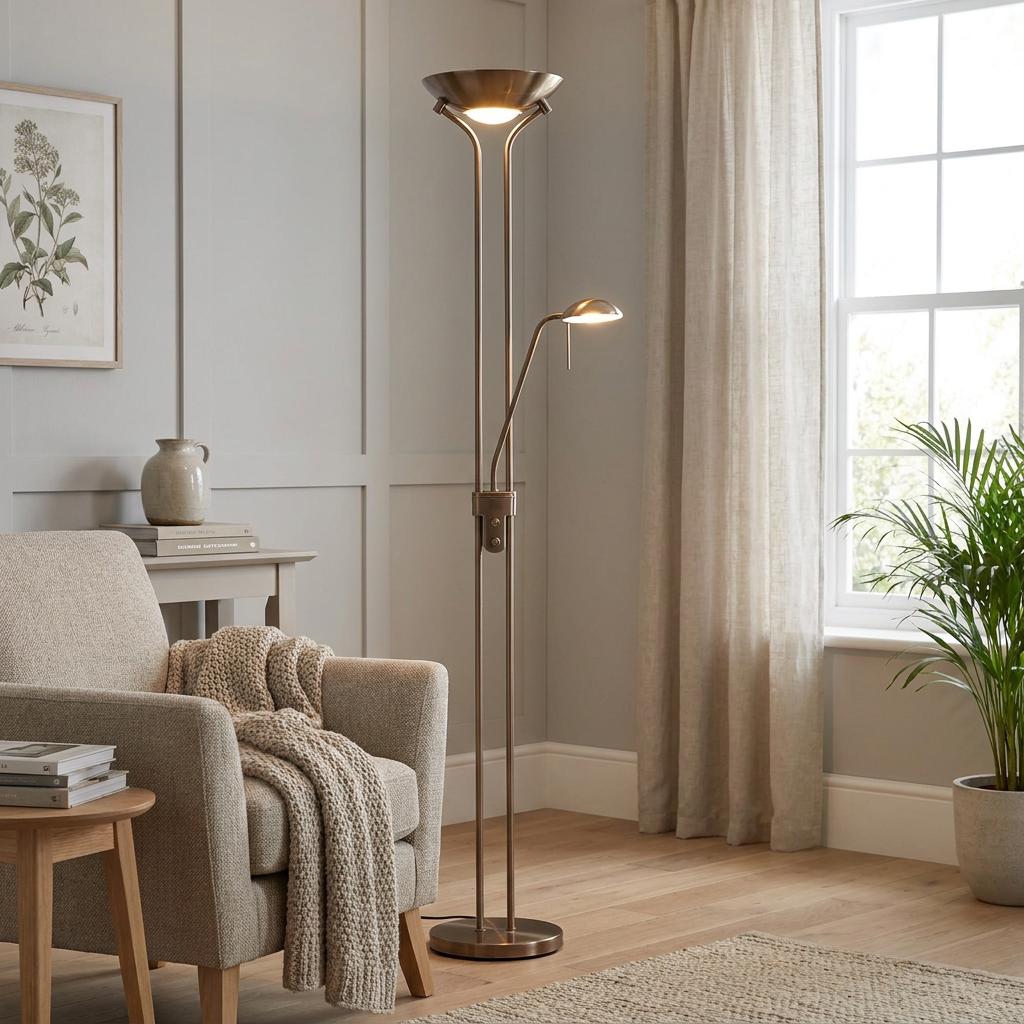 Antique brass mother and child floor lamp illuminating a neutral living room with an armchair and window.