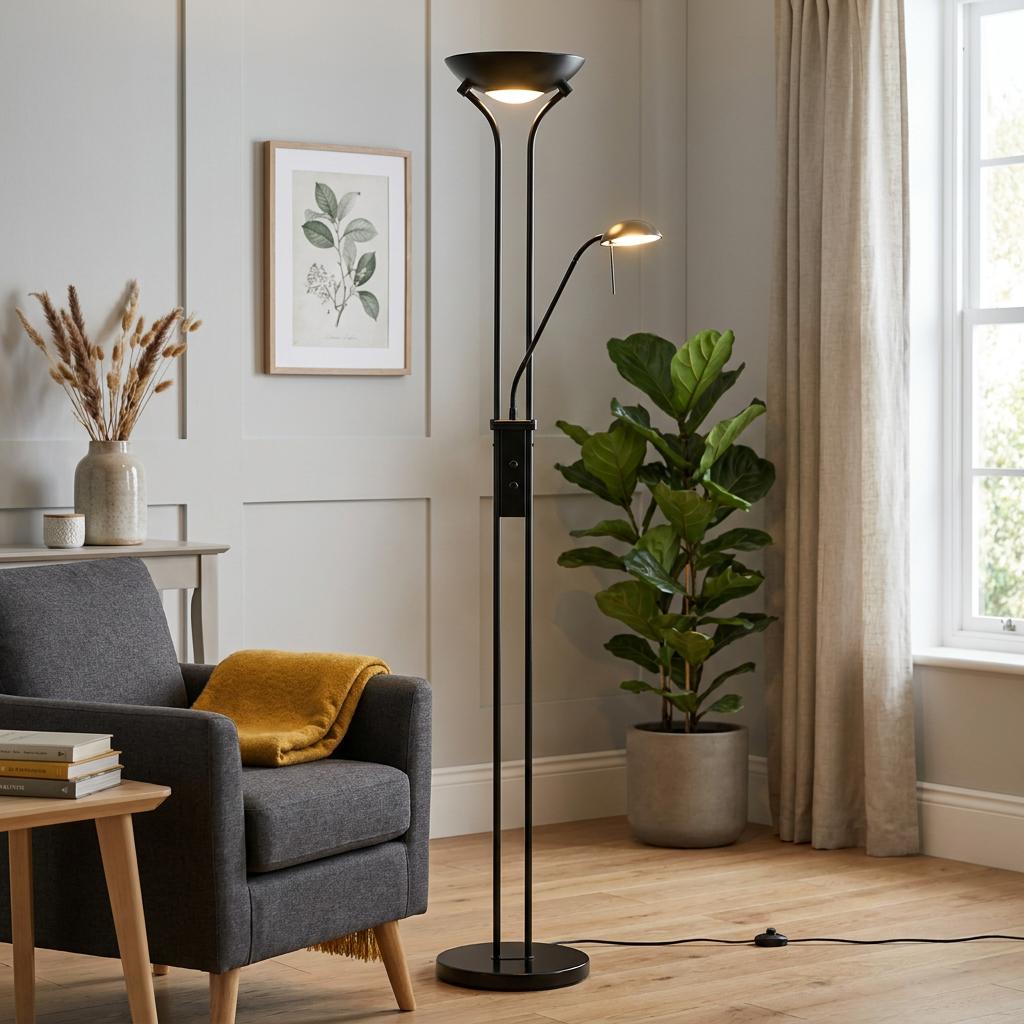 Black chrome mother and child floor lamp in a modern living room with a grey armchair and potted plant.