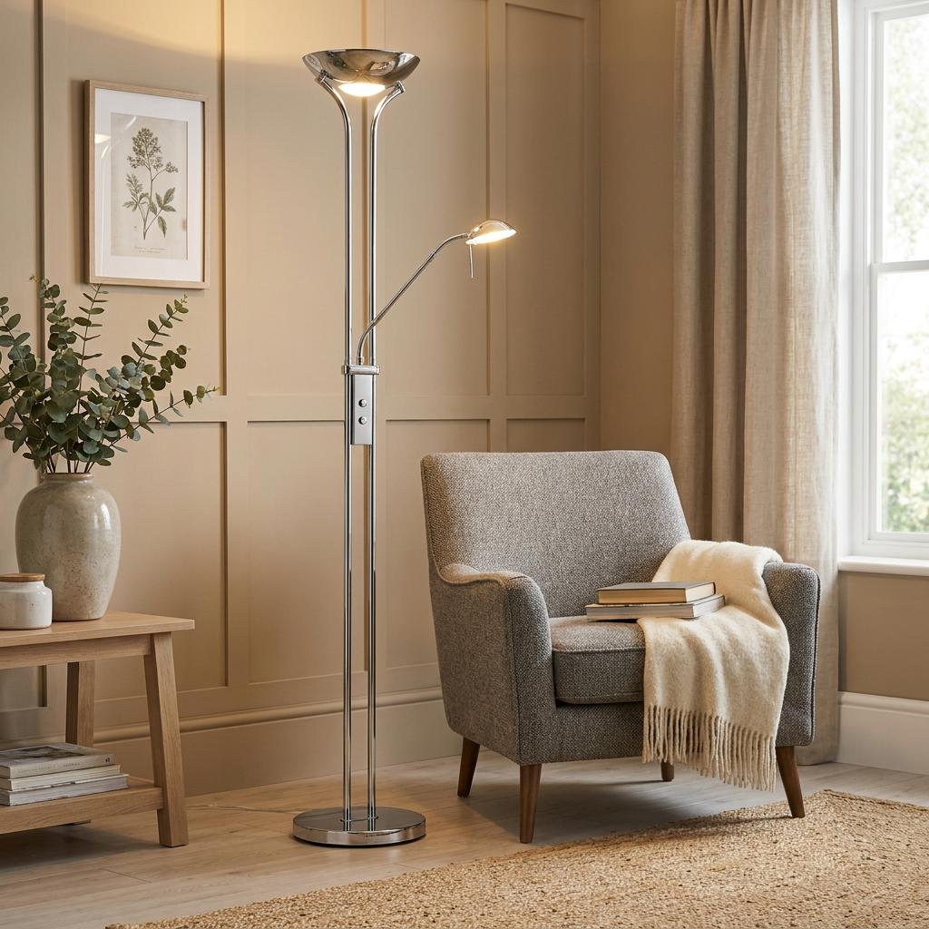 Chrome mother and child floor lamp with warm glow, standing next to a grey armchair in a modern neutral living room.