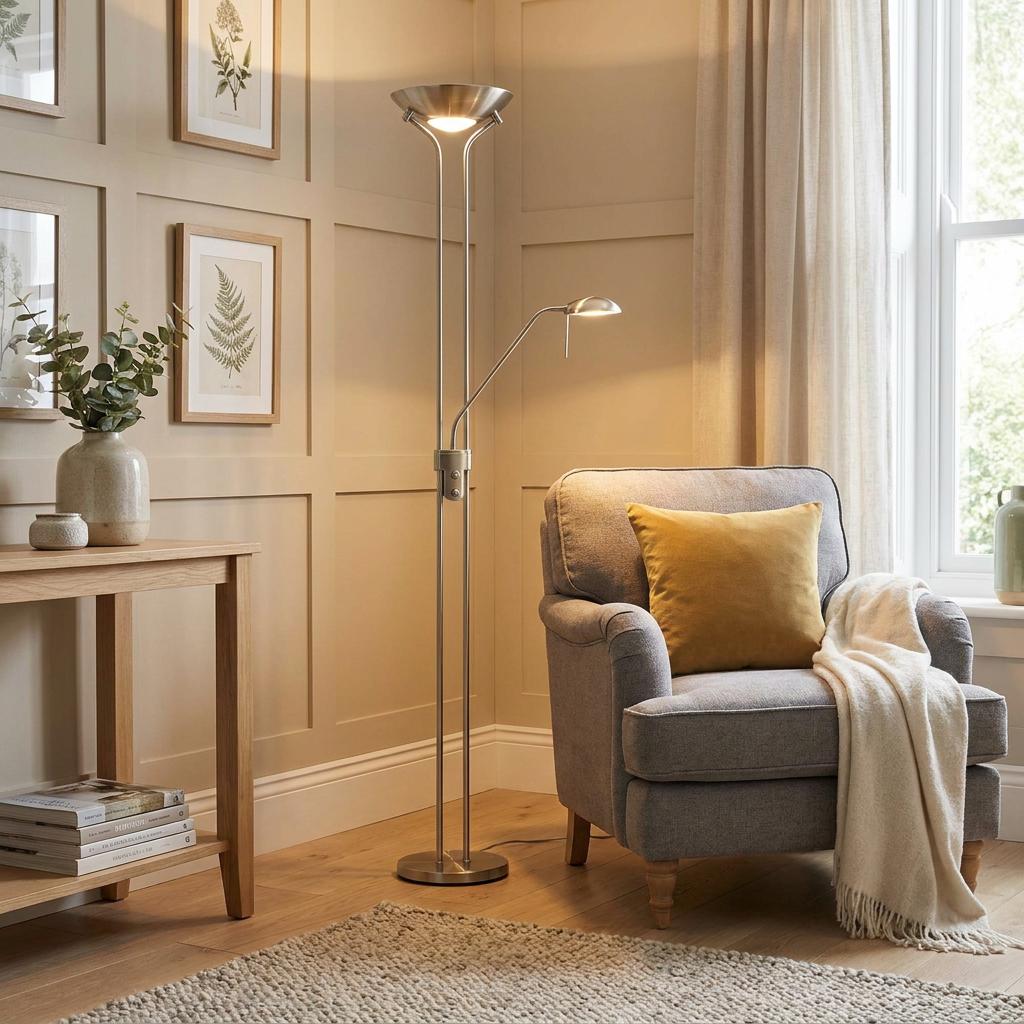 Satin silver mother and child floor lamp illuminating a cozy living room corner next to a grey armchair.