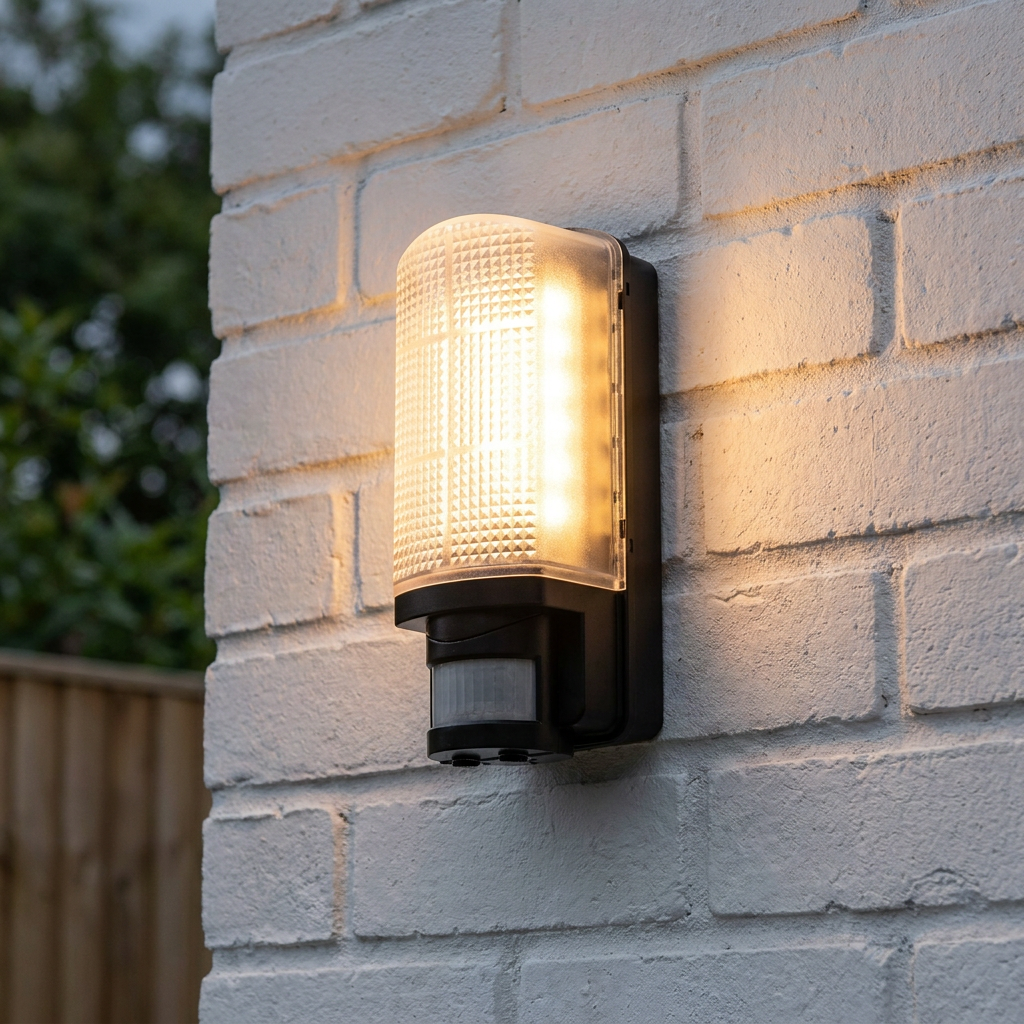 A black motion-sensor outdoor wall light with a textured diffuser, glowing on a white brick wall.