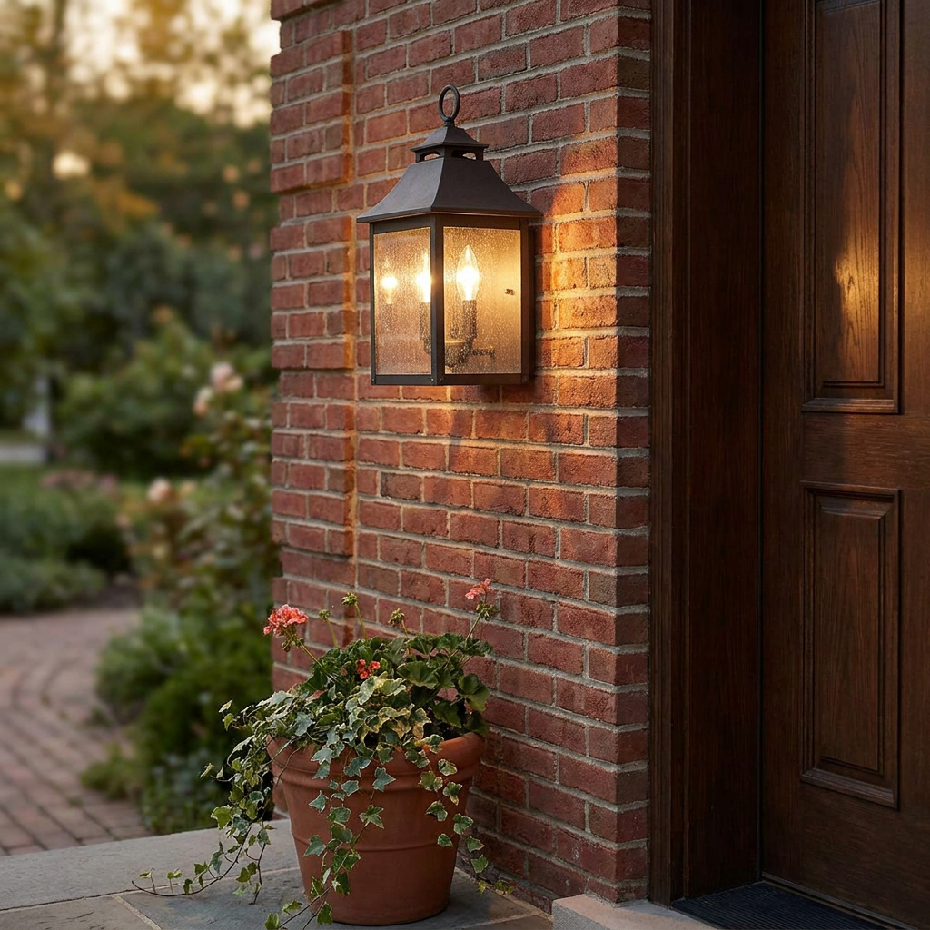 Black outdoor half lantern with seeded glass mounted on a red brick wall near a wooden door.