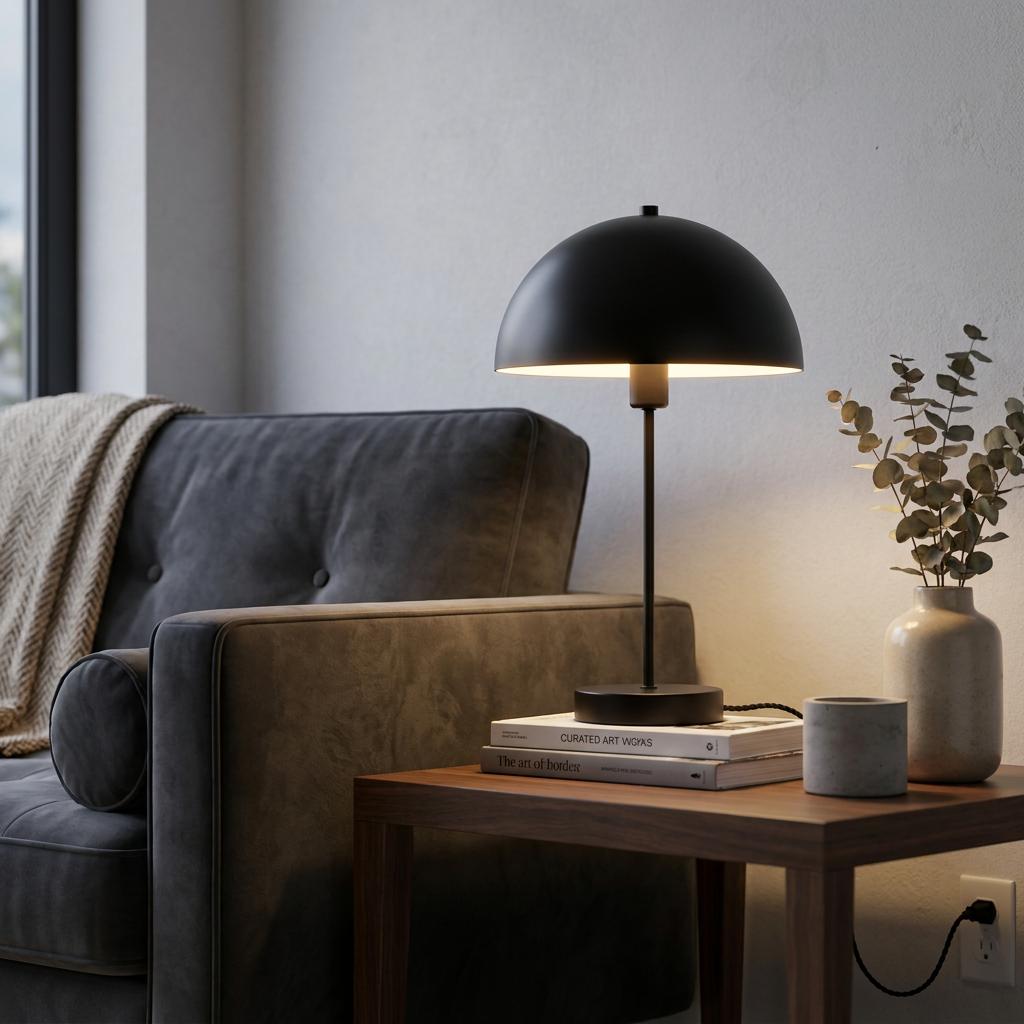 Matte black mushroom table lamp with a dome shade sits on a wooden side table next to a plush grey sofa.