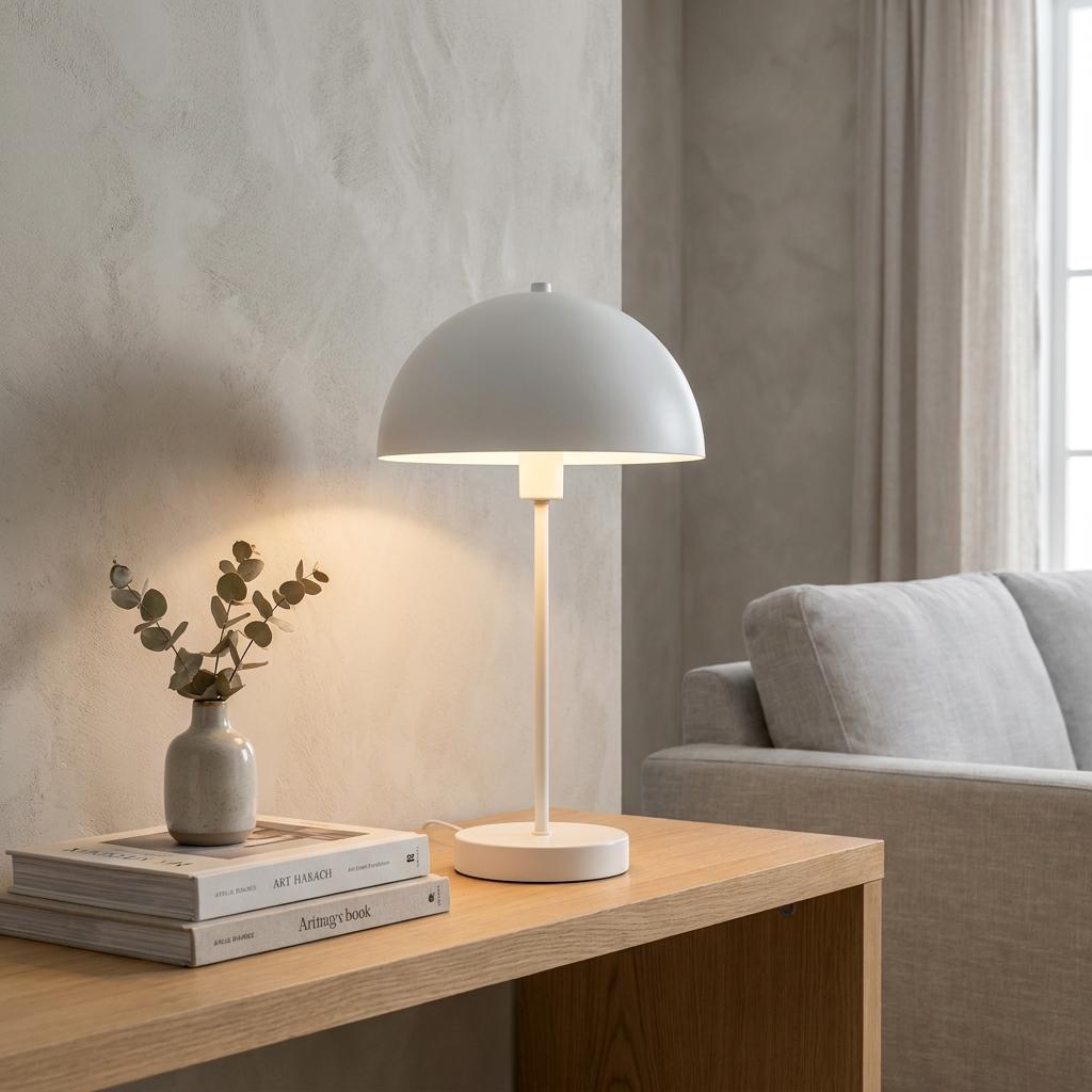 White metal mushroom table lamp with a dome shade on a wooden table in a living room setting.