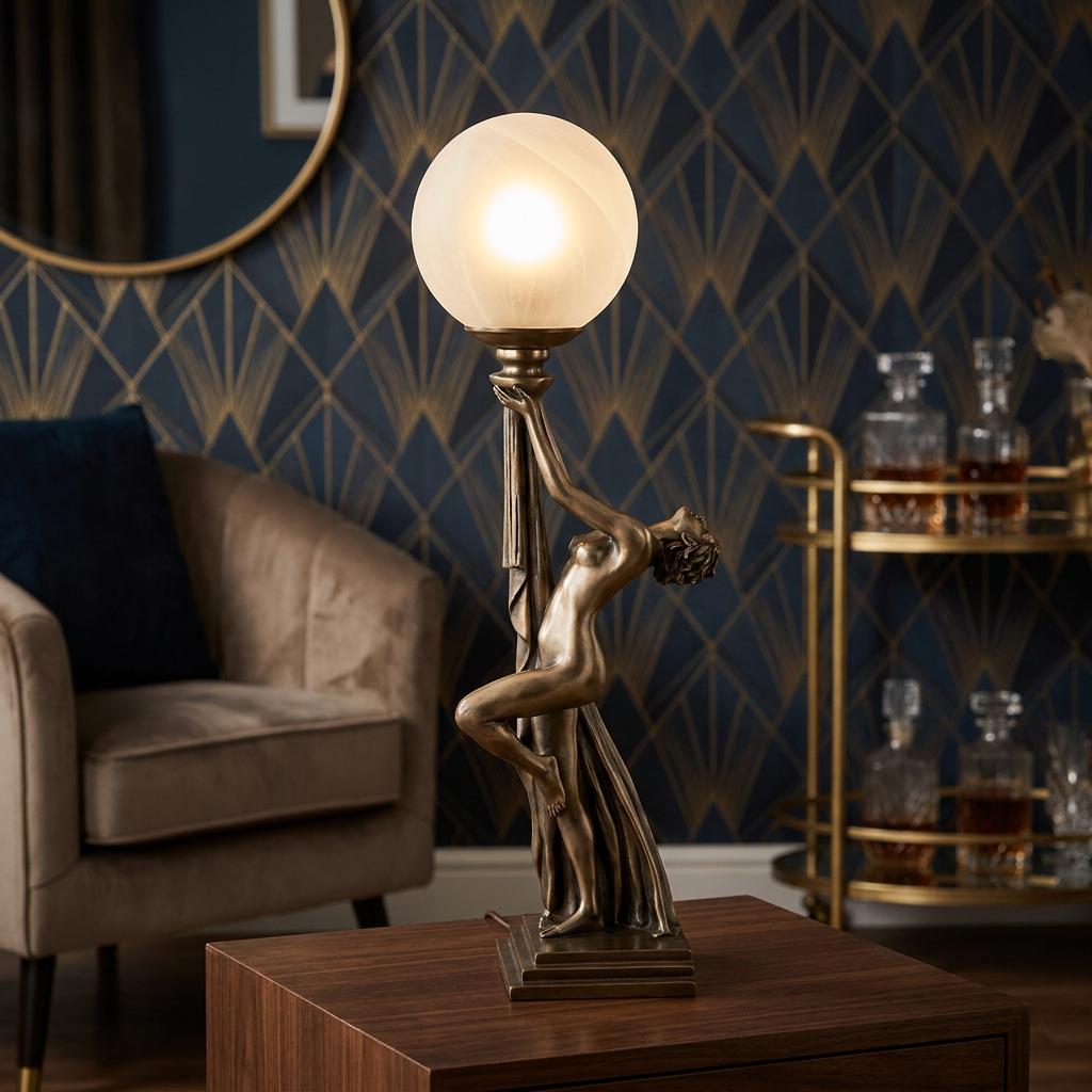 Bronze Art Deco figurine lamp with an illuminated frosted globe, on a wooden table in a living room.