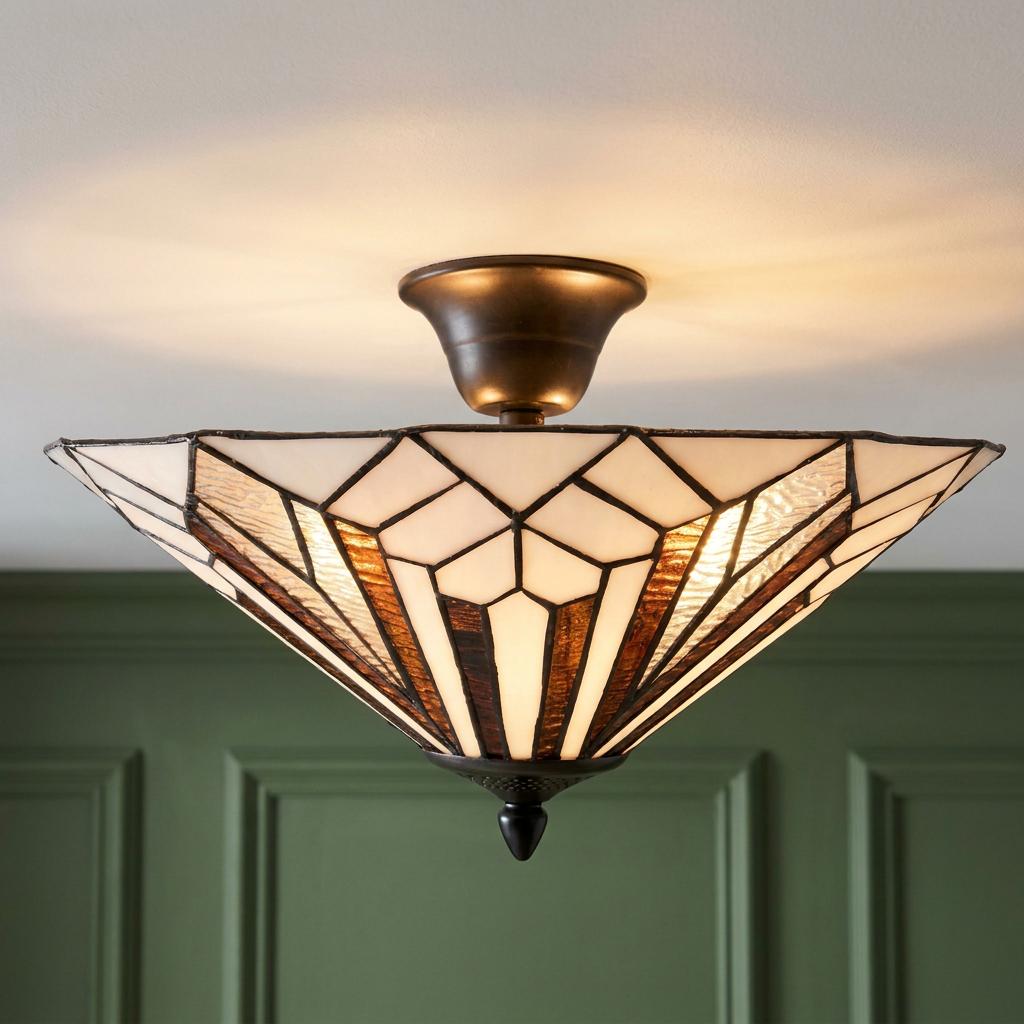 Napier Art Deco semi-flush Tiffany ceiling light with geometric cream and amber glass panels against a green wall.