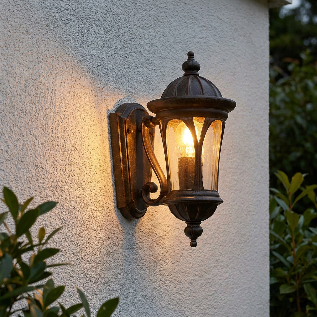 New England weathered bronze outdoor wall light with a glowing bulb mounted on a textured white wall.