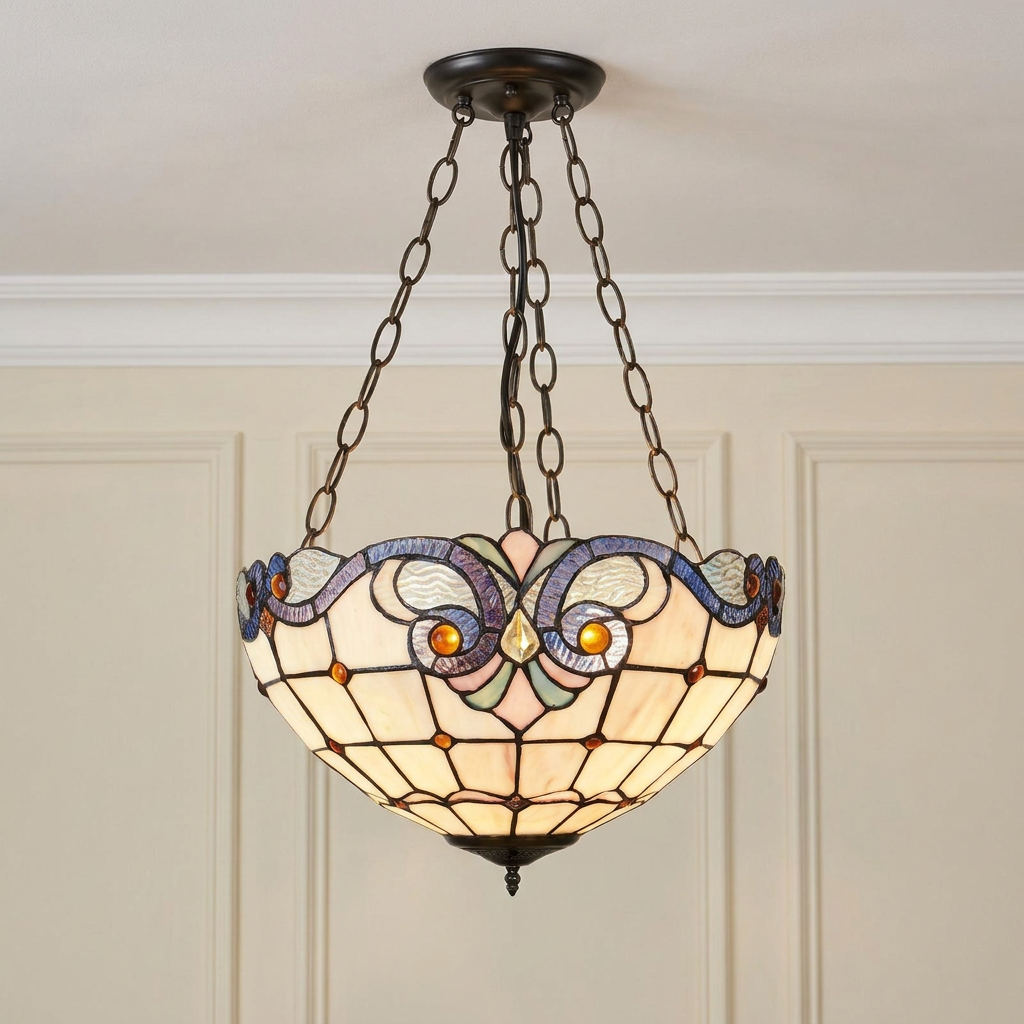 Newcastle Inverted Tiffany Ceiling Light with a decorative stained glass bowl shade and bronze chain suspension.