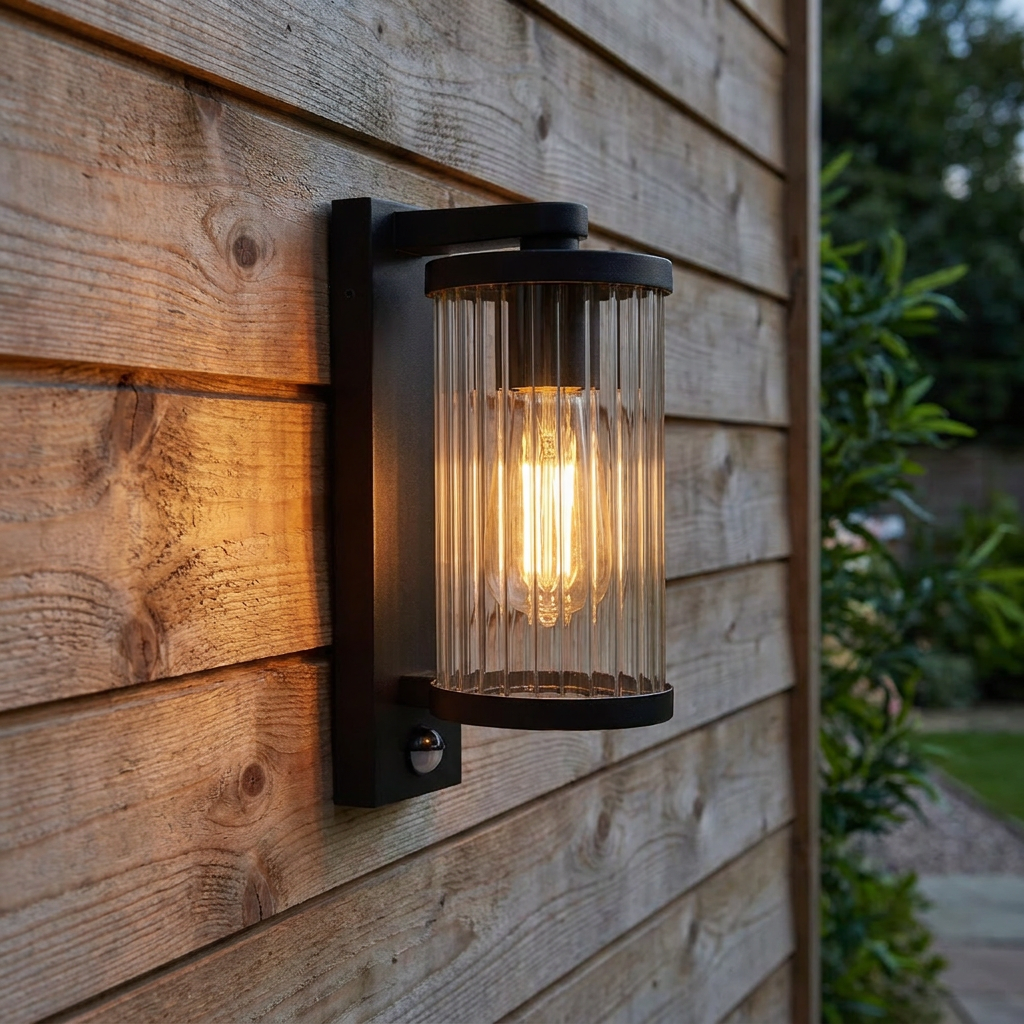 Lit Newcombe black PIR outdoor wall light with fluted glass shade mounted on a wooden exterior wall.