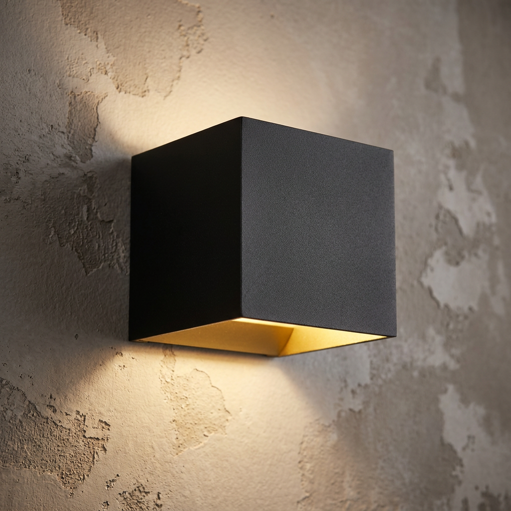 Black cube-shaped wall light with a gold interior, casting warm light up and down on a rustic textured concrete wall.