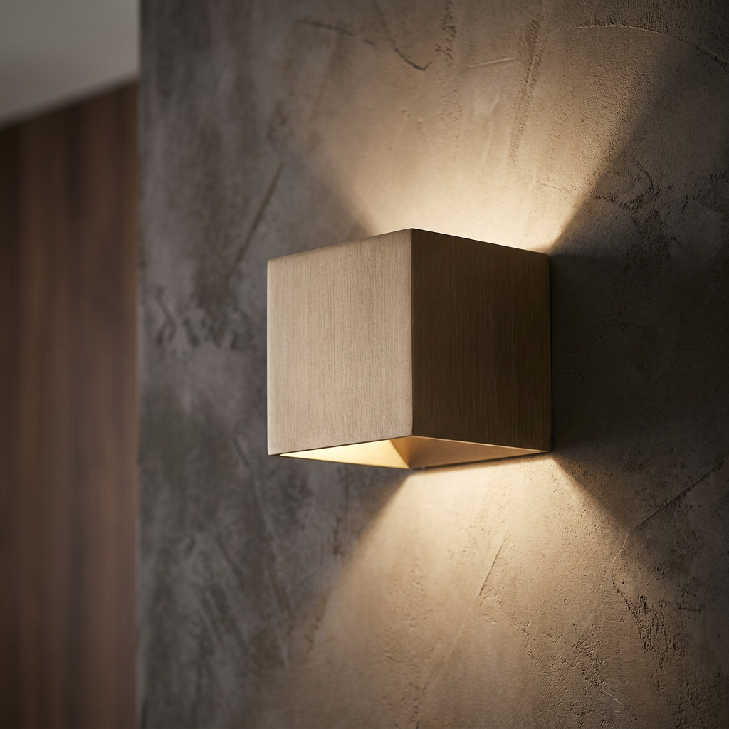 A latte-finished square wall light casting upward and downward beams on a textured gray wall.