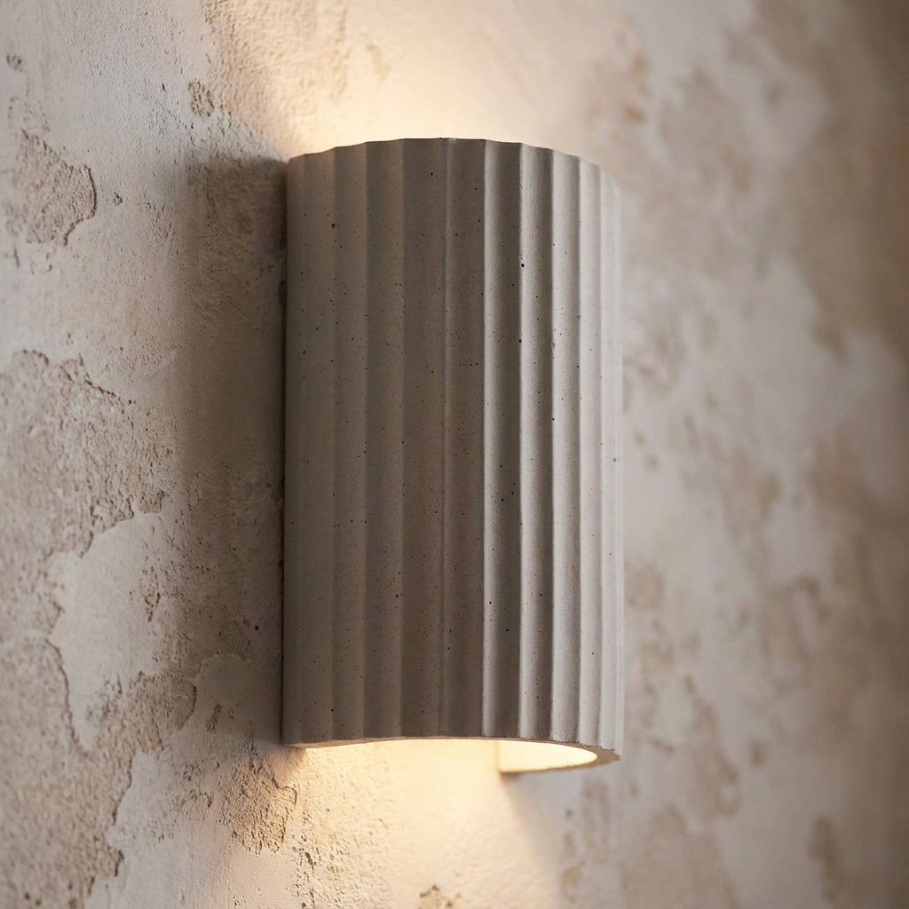 Nilak ridged concrete wall light with up and down glow mounted on a textured stone-effect wall.