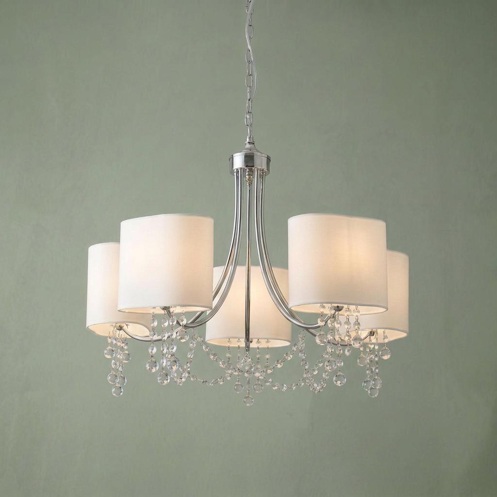 Nina 5-light chrome and crystal pendant ceiling light with white fabric shades and hanging crystal droplets.
