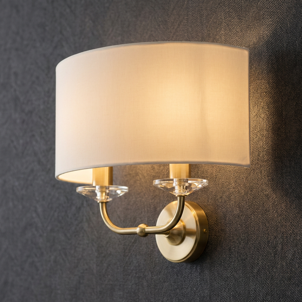 Nixon 2-light brass wall sconce with a white shade and crystal details on a dark grey textured wall.
