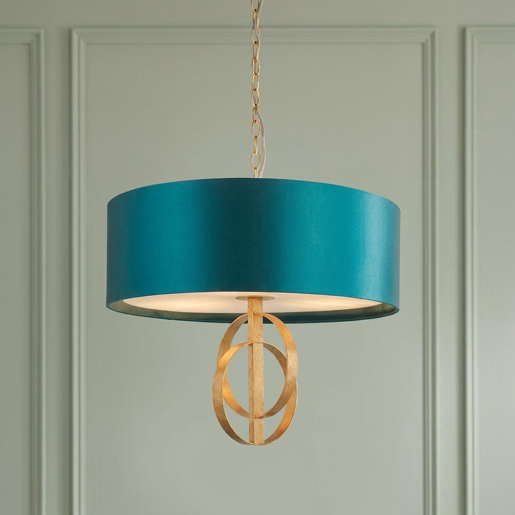Norfolk 3 Light Gold Leaf Ceiling Pendant with a large teal drum shade and decorative circular gold leaf finial.