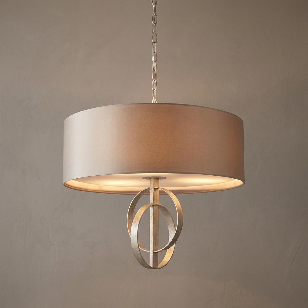 Norfolk 3 light silver leaf pendant featuring a mink drum shade and decorative interlocking rings.