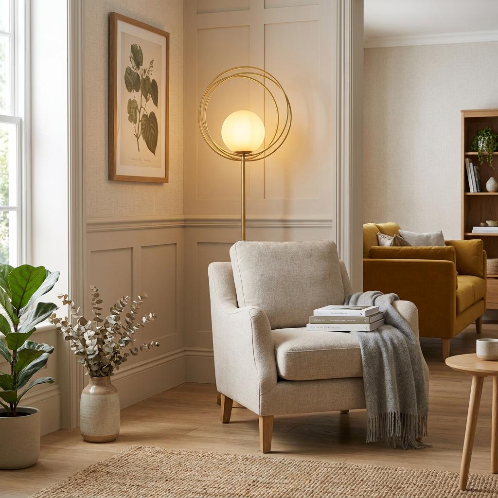 Norfolk Gold Shade Floor Lamp with a glowing orb shade and circular gold frame in a neutral living room setting.