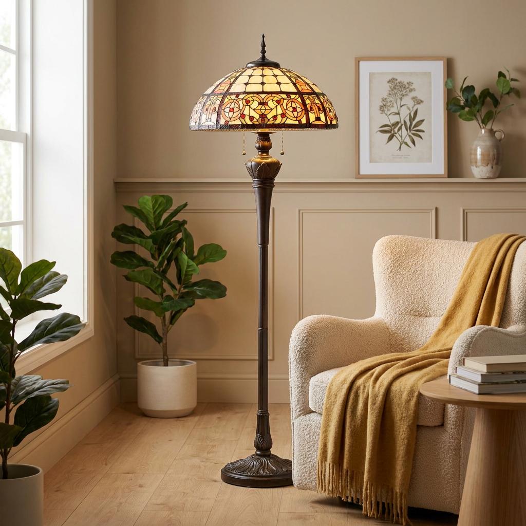Norfolk Tiffany floor lamp with an intricate stained-glass shade beside a cozy armchair in a warm living room setting.