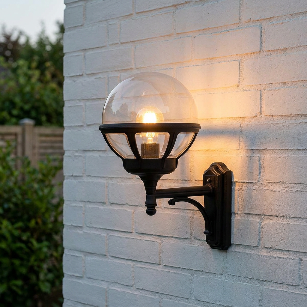A black outdoor wall light with a clear glass globe shade glowing on a white brick wall.