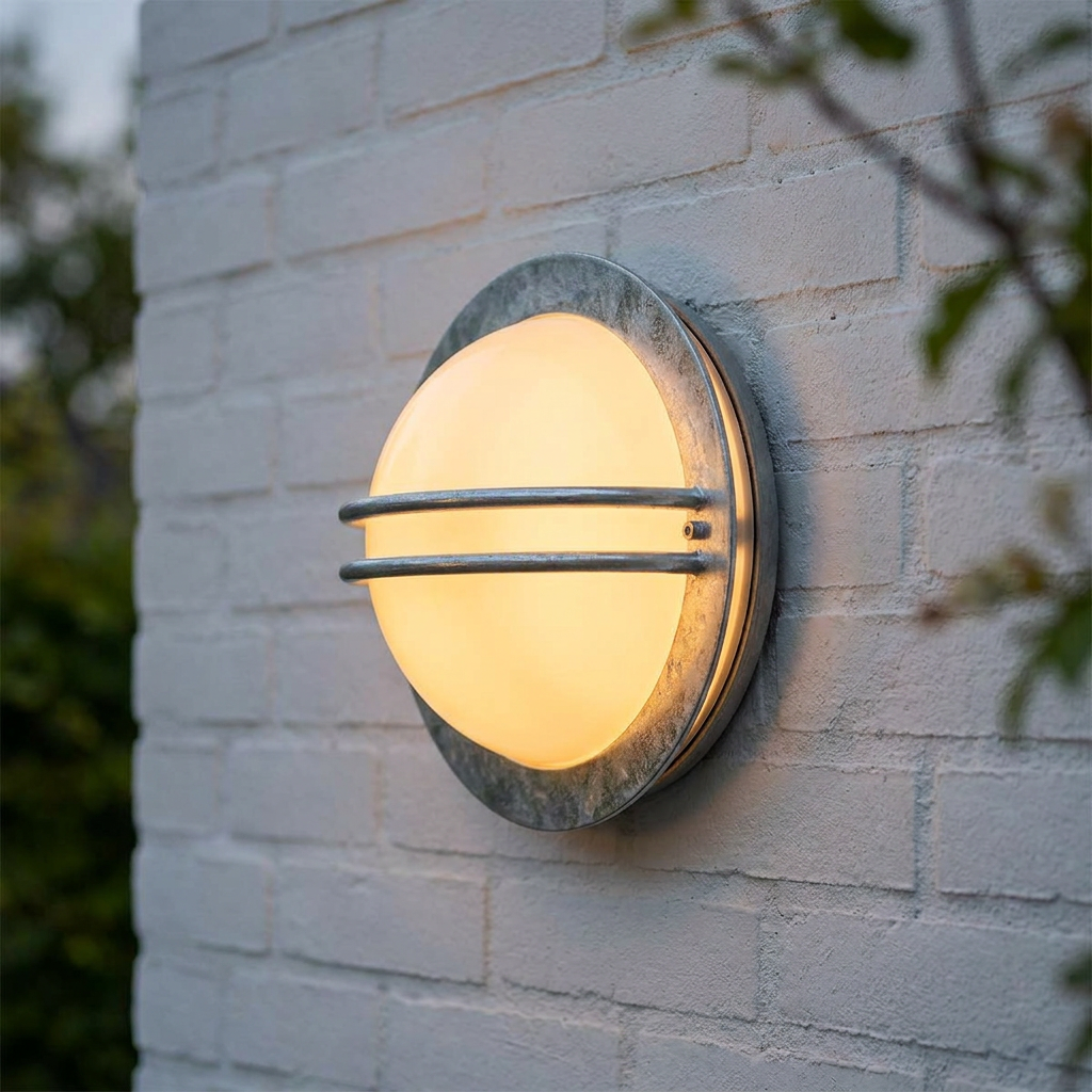 A circular galvanised wall light with opal glass and horizontal bars mounted on a white brick wall.