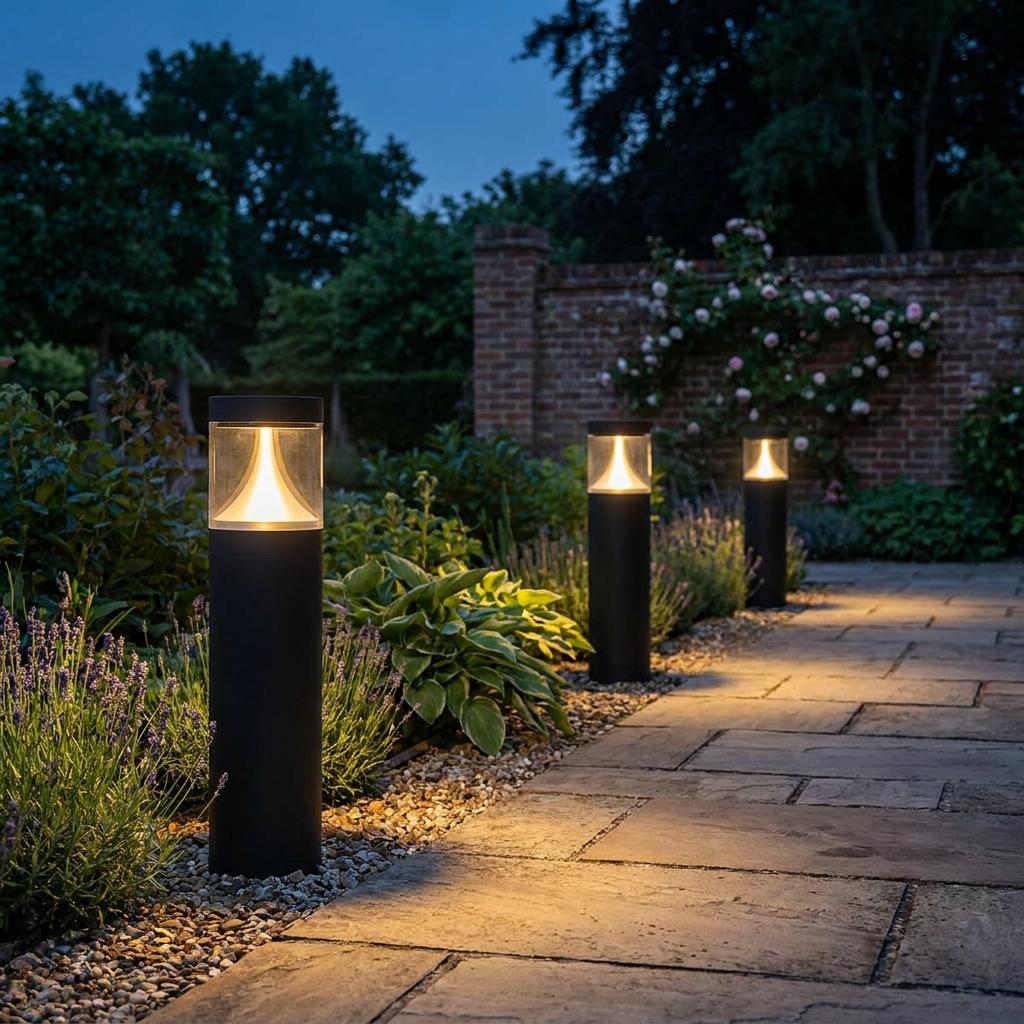 Three graphite LED bollard lights illuminate a stone garden path at twilight next to lush flower beds and a brick wall.