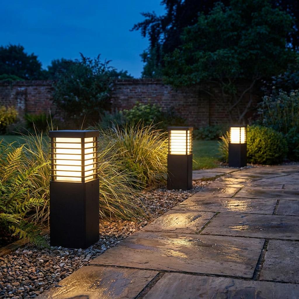 Three black square bollard lights with a warm glow illuminating a stone garden path at dusk.