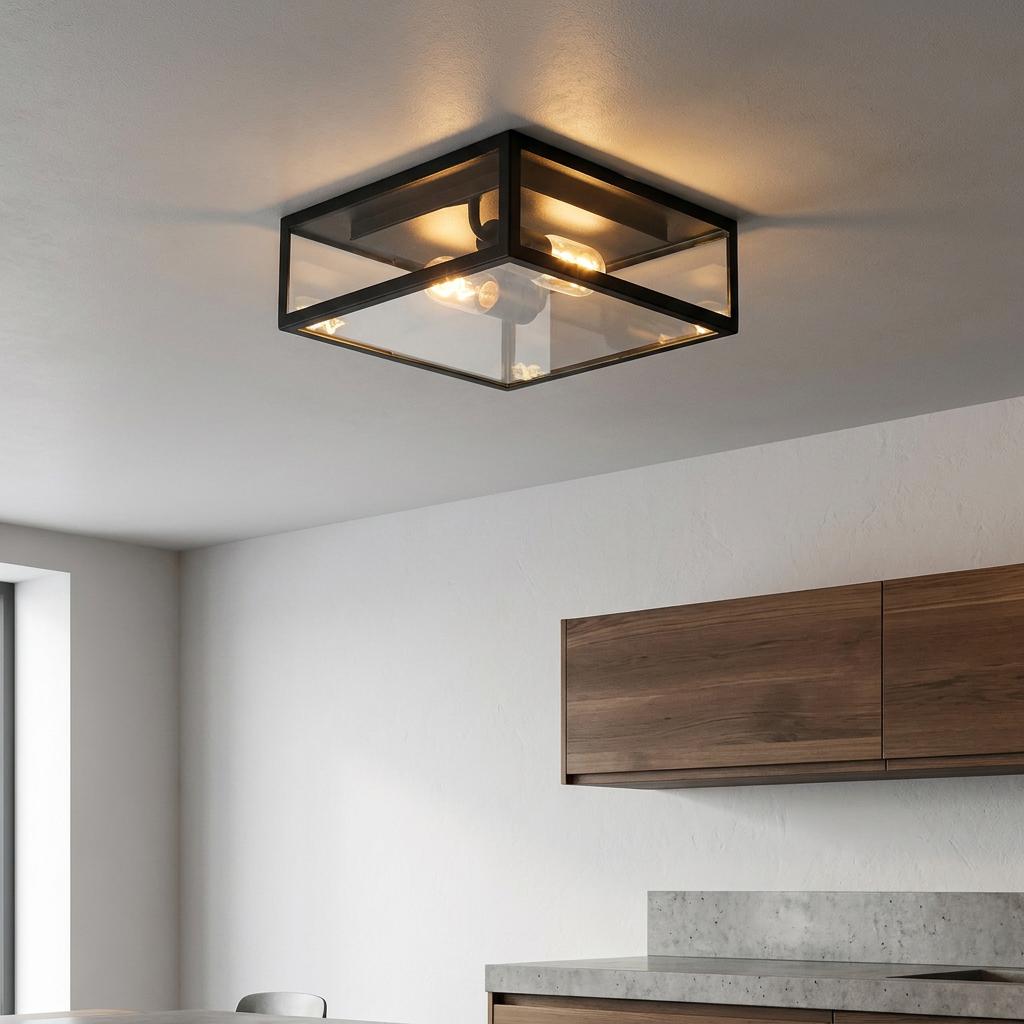 A square black flush outdoor ceiling light with clear glass panels illuminates a modern kitchen interior.